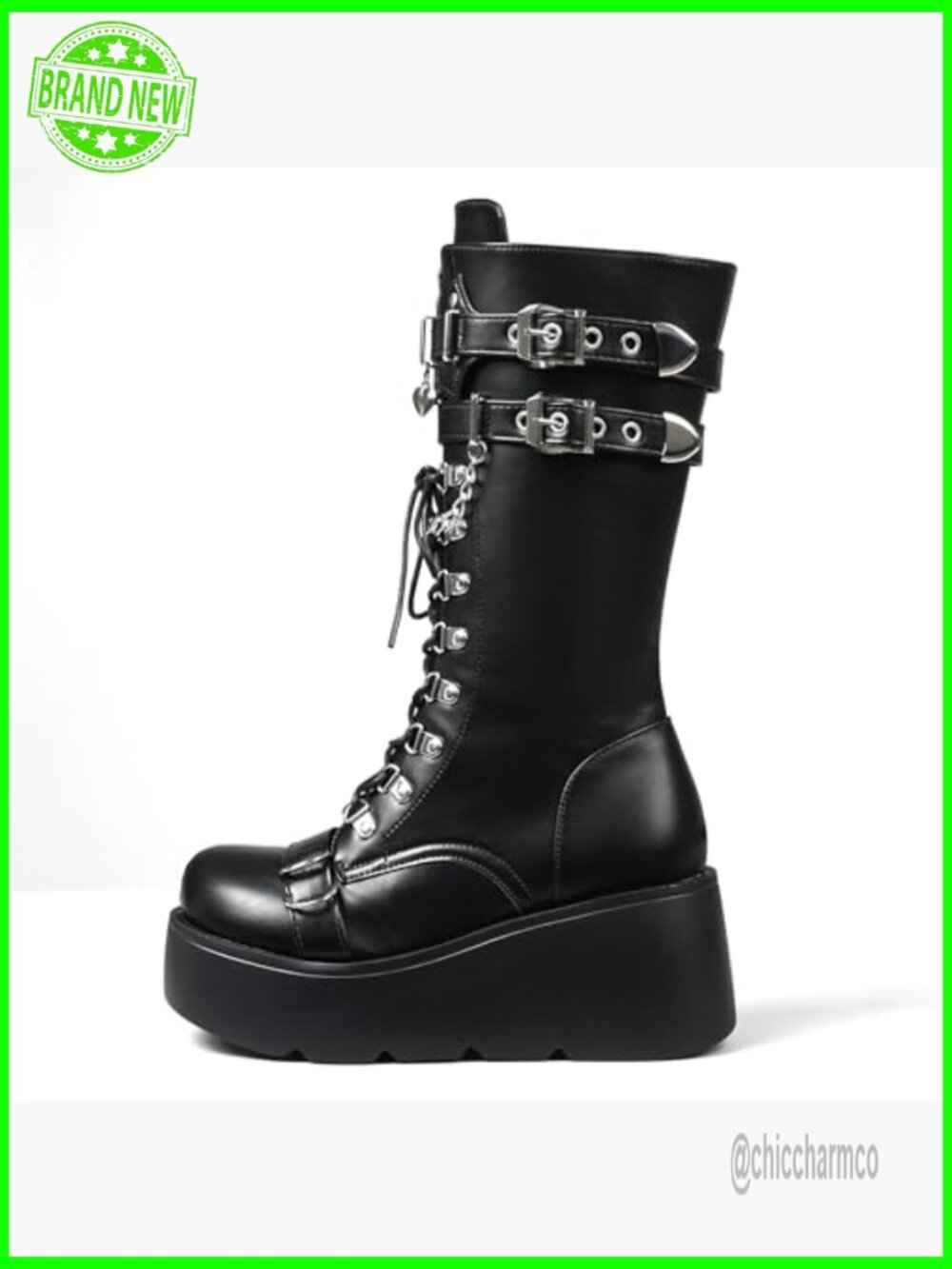 Black Wedge Combat Boots Chunky Heel Lace Up Mid Calf Gothic Shoes - Picture 5 of 7